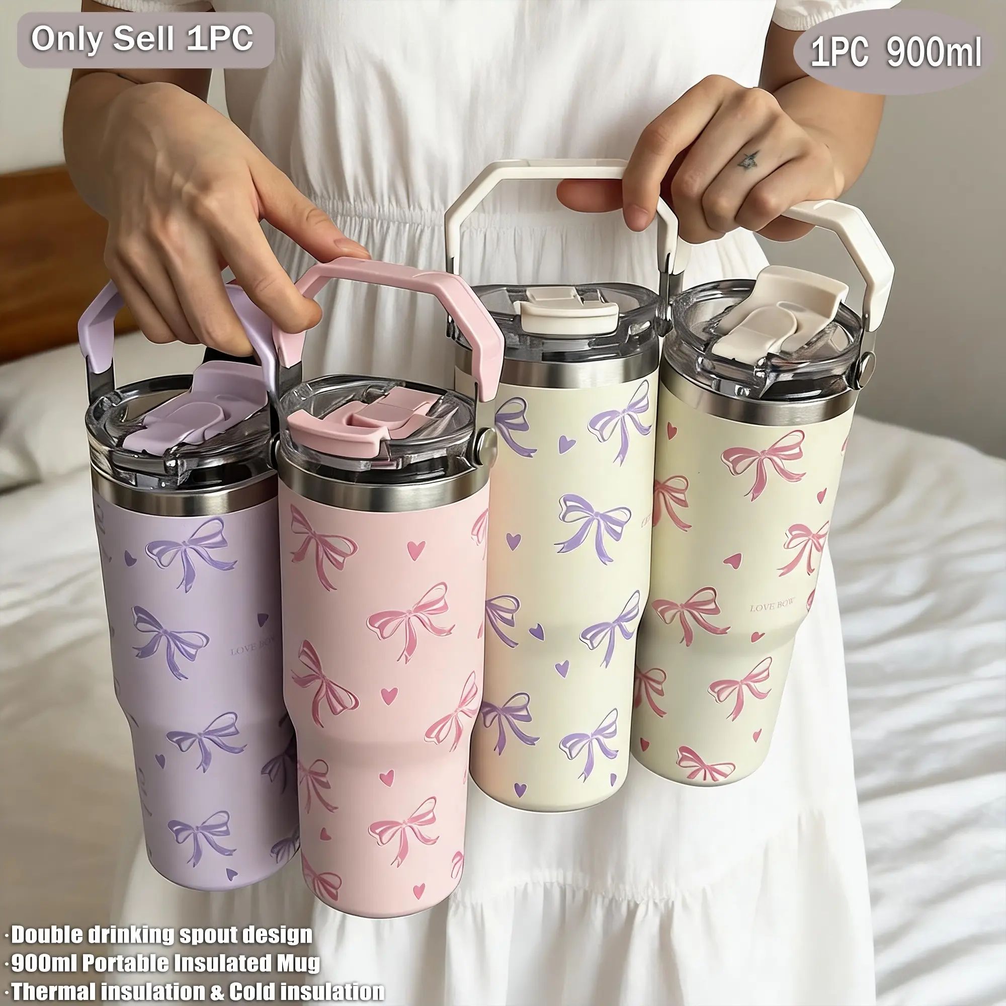 900ML Insulated Stainless Steel Cup, Heart Bow Design, Dual Layer, Vacuum Bottle, Outdoor & Office Use, Gift Idea for All Occasions
