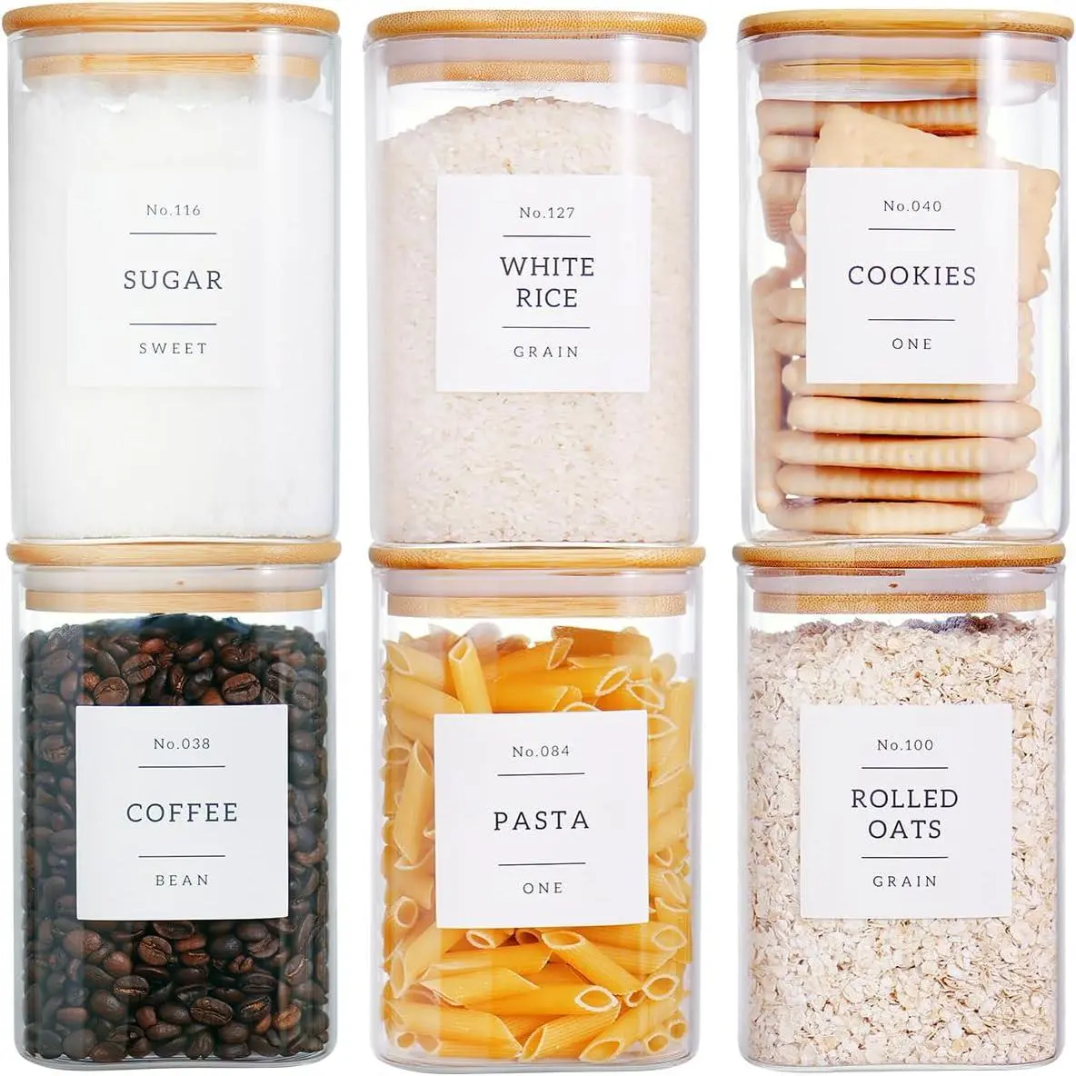 6 Pack Square Kitchen Storage Jars with Airtight   and 132 Pantry Labels - 35oz Glass Canisters With   -  Storage Containers for Coffee, Cookie, ,