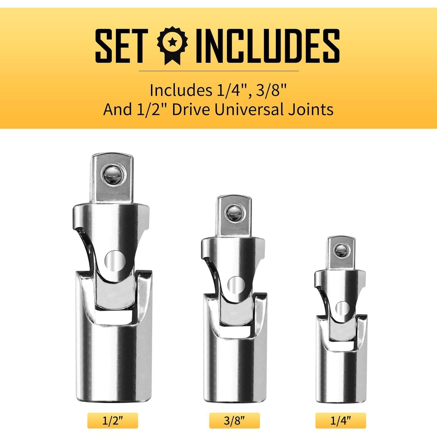 3- Universal Joint Socket Adapter Set, 1/2", 3/8", and 1/4" Drive, Ball Spring Design, Chrome Vanadium Steel Swivel Socket Adapter Set, Full Polished