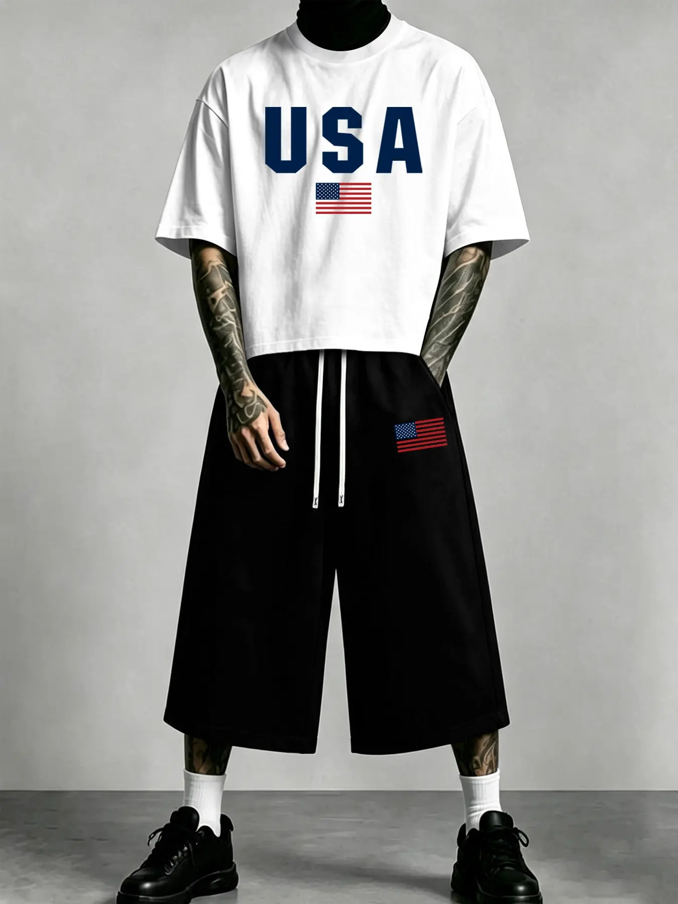 Men's Printed Two-Piece Set: Cropped Short-Sleeve T-Shirt and Wide-Leg Cropped Pants — Casual Street Style Outfit