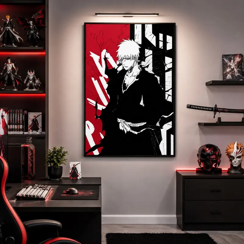 Bleach Ichigo Kurosaki Anime Canvas Wall Art, Epic Red and Black Minimalist Manga Poster, Bold Graphic Print for Anime Fans, Gamers, and Teen Boys, Bedroom Gaming Room Decor