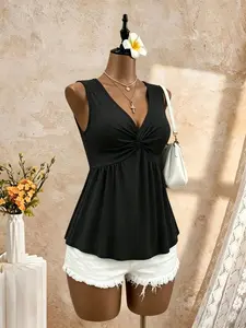 Summer Solid Color V-Neck Knot Waist Tank Top, Loose Fit Belly Conceal Slimming Sleeveless Babydoll Shirt, Cross-Border Women's Basic Innerwear