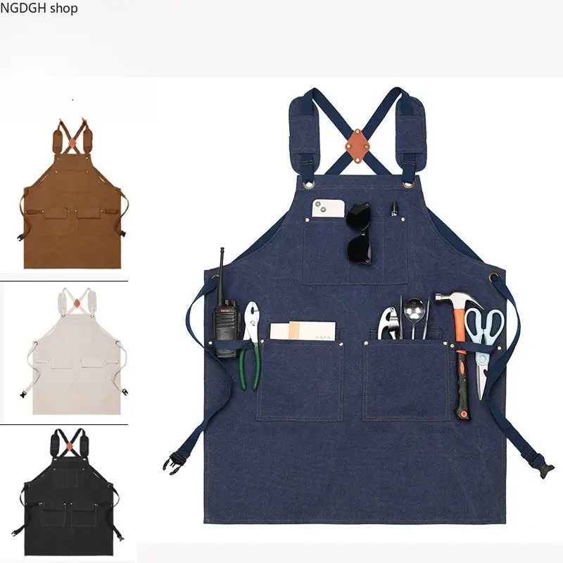Heavy-Duty Canvas Work Apron with Cross-Back Straps, Multi-Pocket Tool Bib for Men Women, Adjustable Black Chef Barber Shop Apron, Durable Waterproof Workshop Uniform, Perfect for Welding, Gardening & DIY Projects.