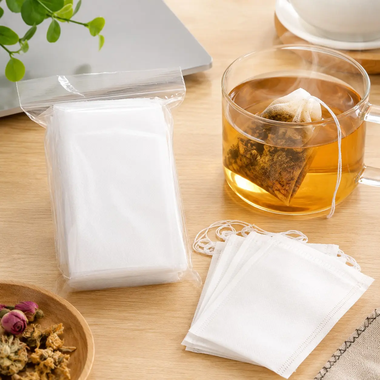 100 Disposable Drawstring Tea Bags, Simple Tea Filter Pouches, Thickened Leak-Proof, Home Office Brewing, Reusable Design