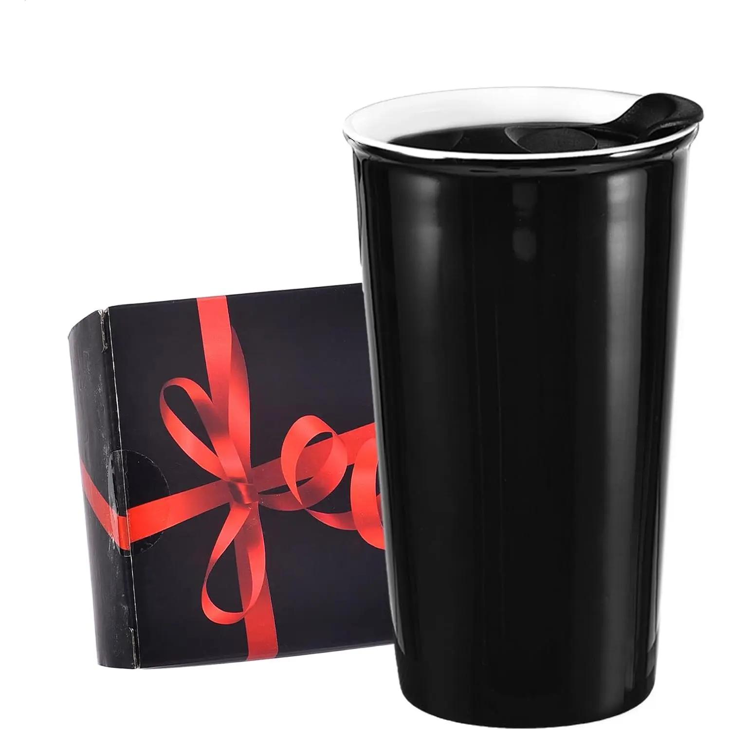 Ceramic Travel Mug, 12oz  To Go Coffee Mugs with Splash Resistant Lid and Color Box,  Double Wall Black Mug Porcelain Coffee Cup, Gifts for Women Men Her Him, Black
