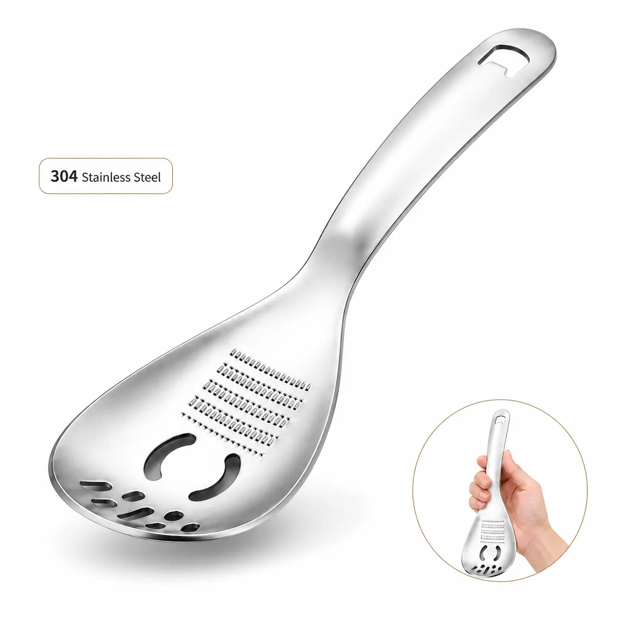5-in-1 Garlic Grater Spoon, 304 Stainless Steel Kitchen Tool with Bottle Opener, Garlic Crusher, Food Masher & Strainer, Multi-Function Cooking Gadget
