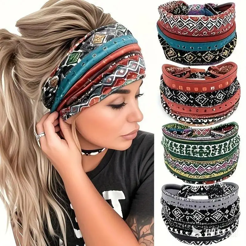 Boho Wide Elastic Sweatband - Ethnic Pattern Elastic Fashion Headband, Breathable Training Accessory for Women's Workout, Elastic Fashion Headbands, Training Headband