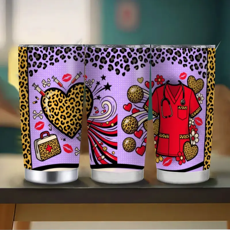 Sturdy Lightweight Portable Stainless Steel Insulated Cup Tumbler with Straw - Sassy Leopard Print, Purple Fierce Scrub & Stethoscope Design Nurse Life Beverage Holder for Hot/Cold Drinks, Ideal for Night Shifts, Bold Graduation Gift for Nurses, Lid