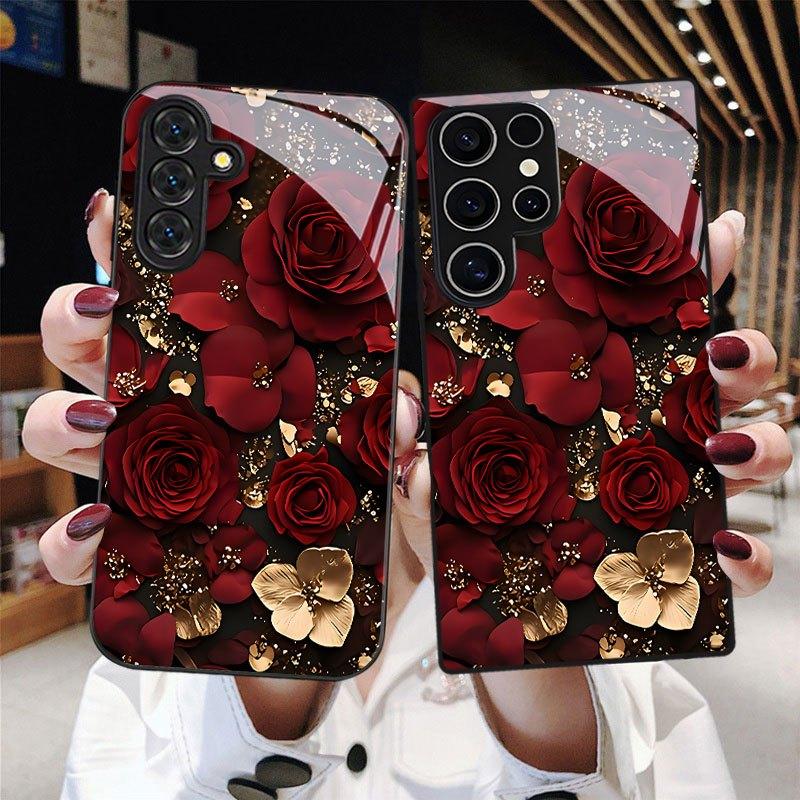 Stylish Tempered Glass Protective Case with a Rose Flower Design for Various for Samsung Galaxy S26 S25 S24 S23 S22Pro S21 S20 Fe Plus Ultra Pro A56 A55 A54 A53 A52 A51 A36 A35 A34 A32 A26 A25 A24 A23 A16 A15 A14 A06 A05 A03s, Offering Anti-Drop Features