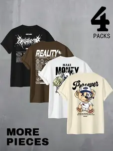 🧸💸4 Pack Cyber Y2K & Hustle Culture Graphic Tees | Deathcore Streetwear & Persevere Teddy Bear T-Shirts | Multi-Design Urban Tops