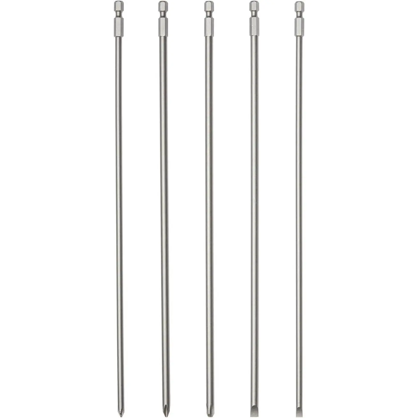10043A Extra Long Power Driver Bit Set | 5-Piece | Cr-V Steel | 12-Inch Phillips & Slotted Screwdriver Bits | 1/4-Inch Hex Shank