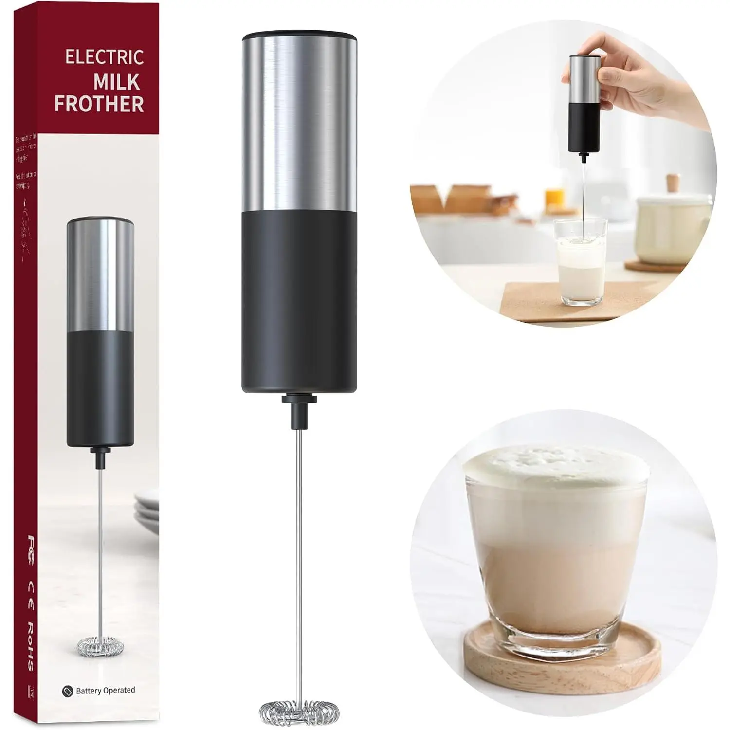 Electric Milk Frother Handheld Drink Mixer Hand Coffee Whisk Blender  Maker Egg Beater,  Operated Stainless Steel Whisk & , Milkshake Matcha Whisk, Mousseur à Lait Électrique