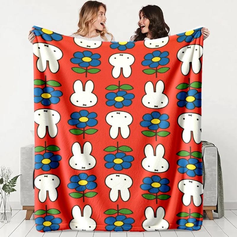 Miffy Rabbit Floral Fluffy Blanket Ultra Soft Flannel Anti Pilling Cozy Warm Bedroom Couch Sofa Nap Camping Travel Throw Decor Decorative Throw Perfect Birthday Gift Christmas Gift for Kids Teens Girls Women Kawaii Spring Style