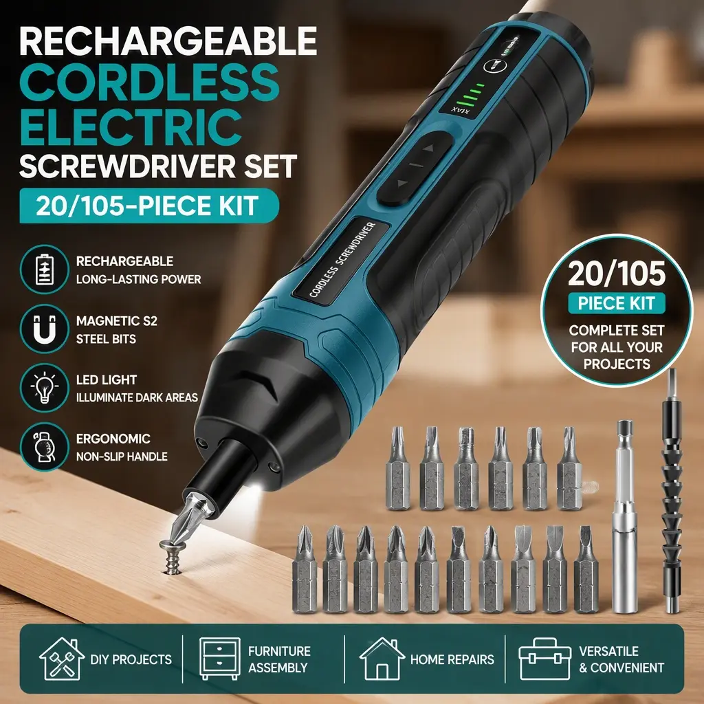 Rechargeable Electric Screwdriver Set, 20/105‑Piece Kit Options with Magnetic S2 Steel Bits, Built‑in LED Light & Ergonomic Handle, Cordless Screwdriver for DIY Projects, Furniture Assembly & Home Repairs