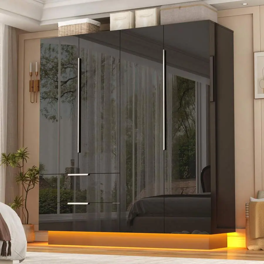 70" Tall  3/4 Doors 47/63" Wide Gloss Armoire Wardrobe Closet With LED Lights & Mirror(S), 2 Drawers, Shelves & Hanging, Freestanding Wooden Cabinet Bedroom