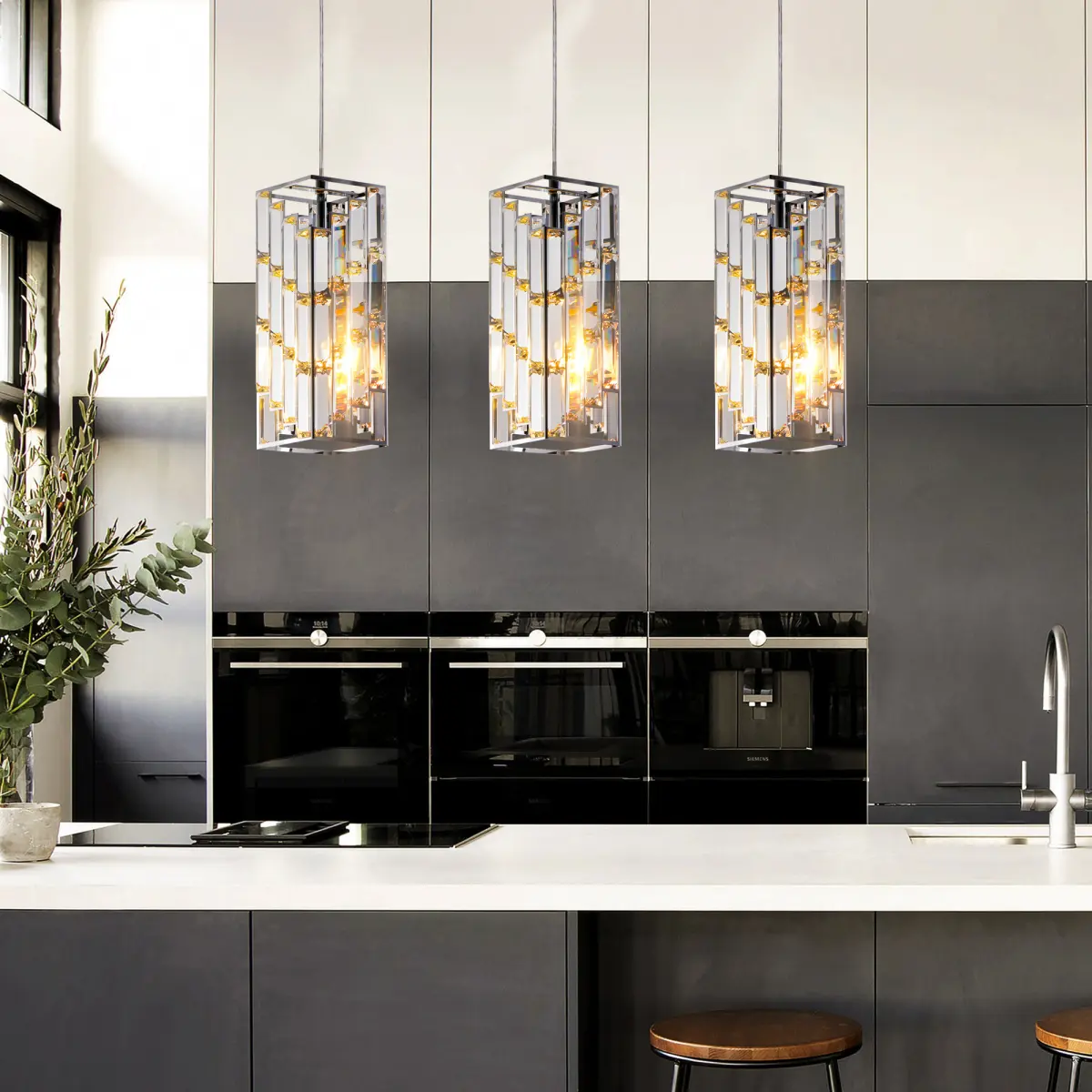 3-Pack 4-Inch Modern Crystal Prism Pendant Light, Chrome Iron Hardwired Hanging Ceiling Lamp, Adjustable Height Mini Crystal Chandelier, E26 Socket (Bulbs Not Included), Indoor Use Decor Lighting for Dining Room Kitchen Island