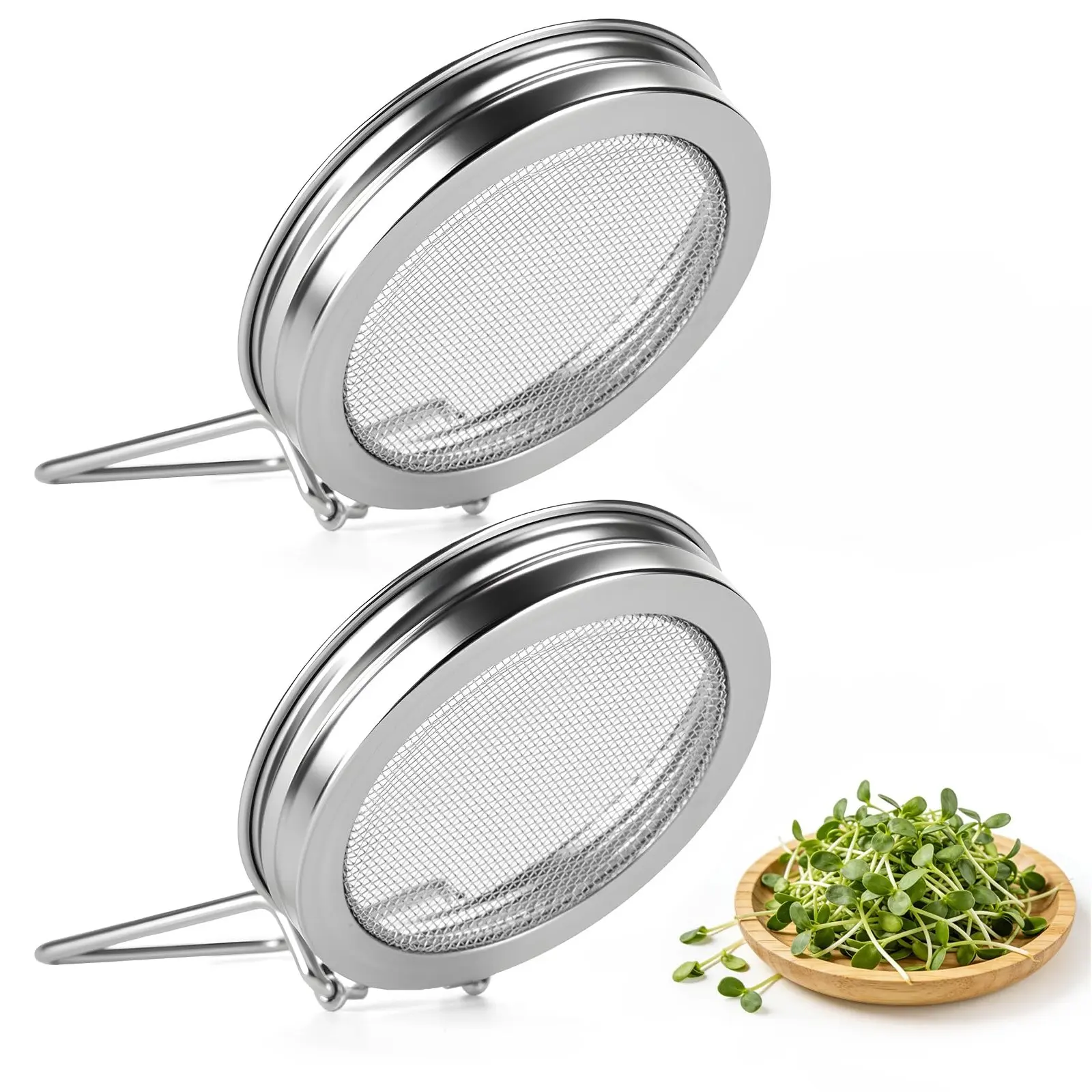 2 Pcs Sprouting Lids for Wide Mouth Mason Jars, Stainless Steel Reusable One-Piece Sprouting Jar Lids Kit with Built In Stand, Seed Germination Sprouts Growing Kit for Kitchen Organic Alfalfa & Mung Bean
