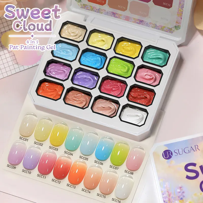 Ur Sugar 16 Colors 4 in 1 Pat Painting Gel Palette, High Pigment Nail Gel for Blush Gradient, Nail Extension, DIY Manicure Supplies