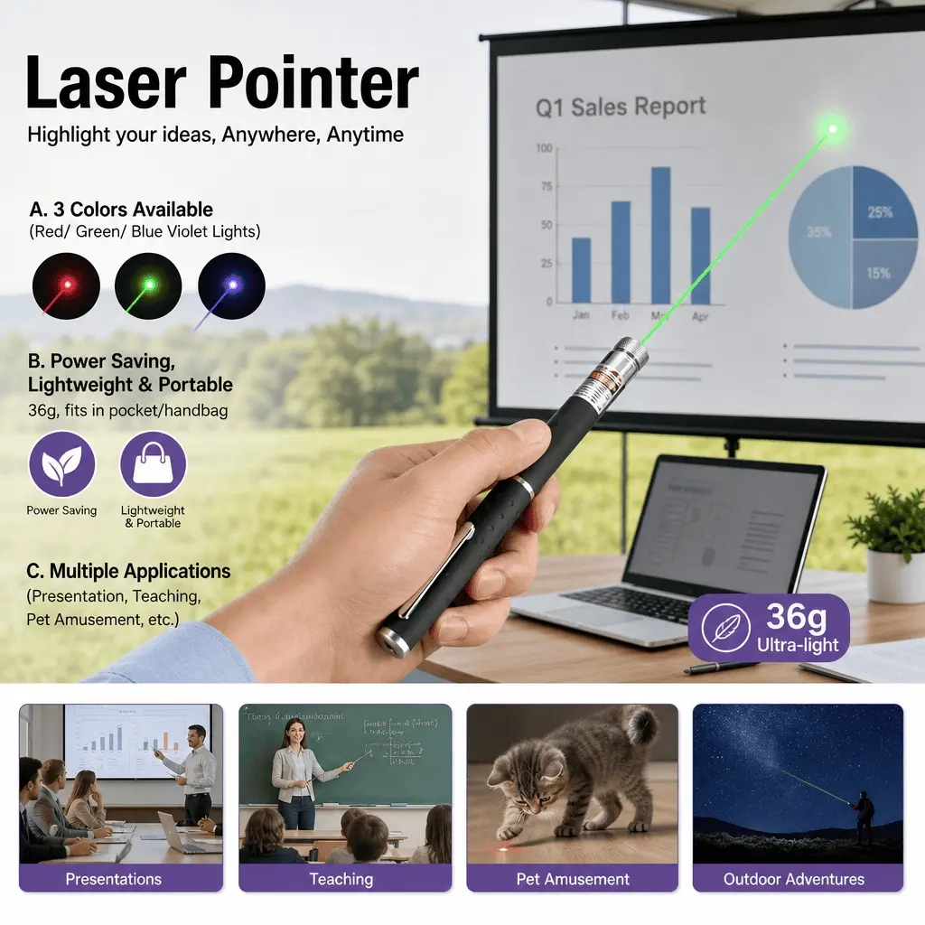 3-in-1 Laser Presenter Pointer, Red Green Purple Beam, 500m Range, Wireless Clicker for Teaching & Training, Non-Slip Portable Pen, Handheld Laser Pen, Cat Dog Toy Interactive Gift