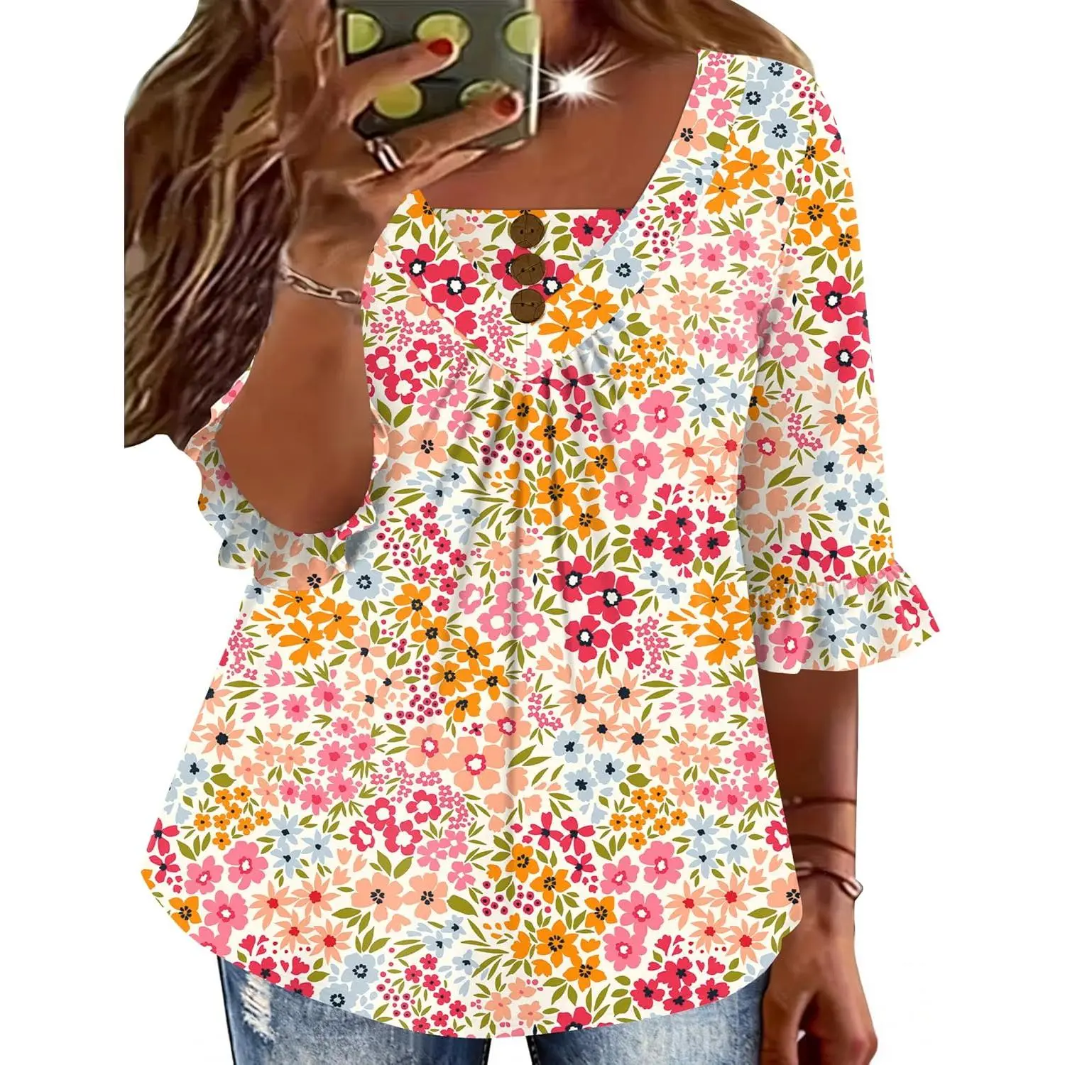 Women's Plus Size 3/4 Ruffle Sleeve Tunic Blouse, V-Neck Pleated Floral Print Casual Dressy Tool Organizer Accessory, 3/4 Sleeve
