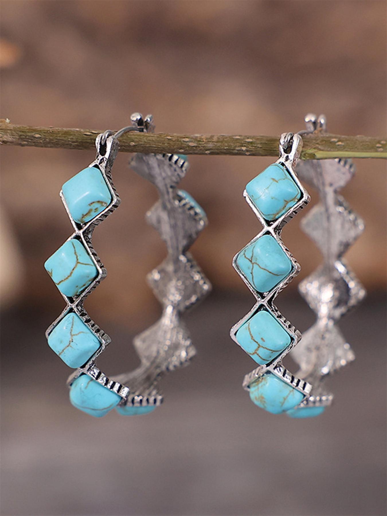 Women's Boho Style Turquoise Texture Design Hoop Earrings (1 Pair), Fashion Retro Hoop Earrings for Women & Girls, Trendy All-match Vintage Jewelry As Birthday Gift