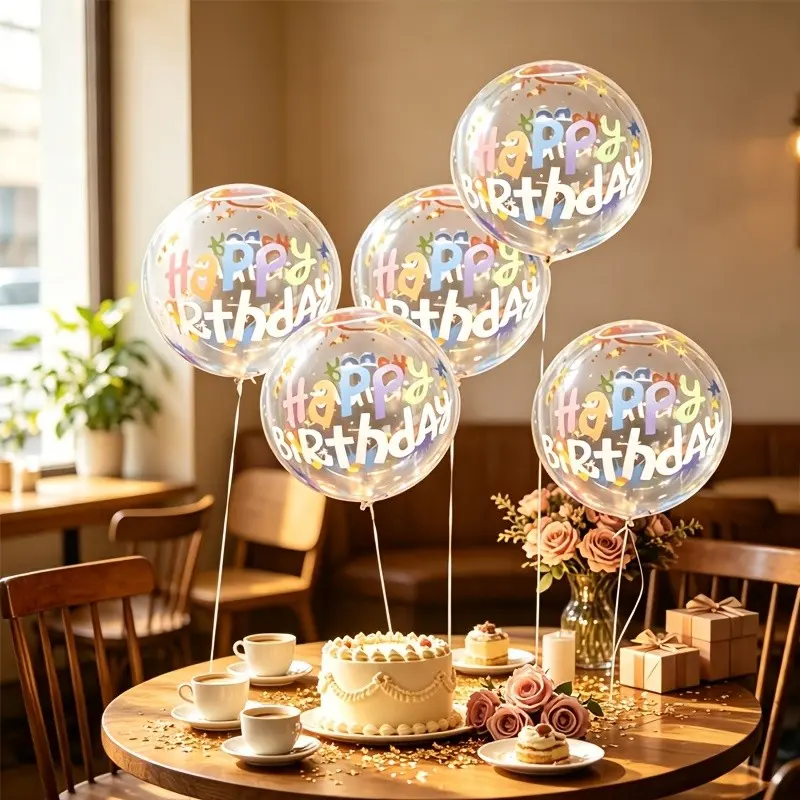6Pcs Printed Clear Bobo Balloon Decor Set, 20 Inch Pattern Bobo Balloons with Ribbons, Party Supplies for New Year, Bridal Shower, Bachelorette, Graduation, Mother's Day, Indoor Outdoor Photography Decoration