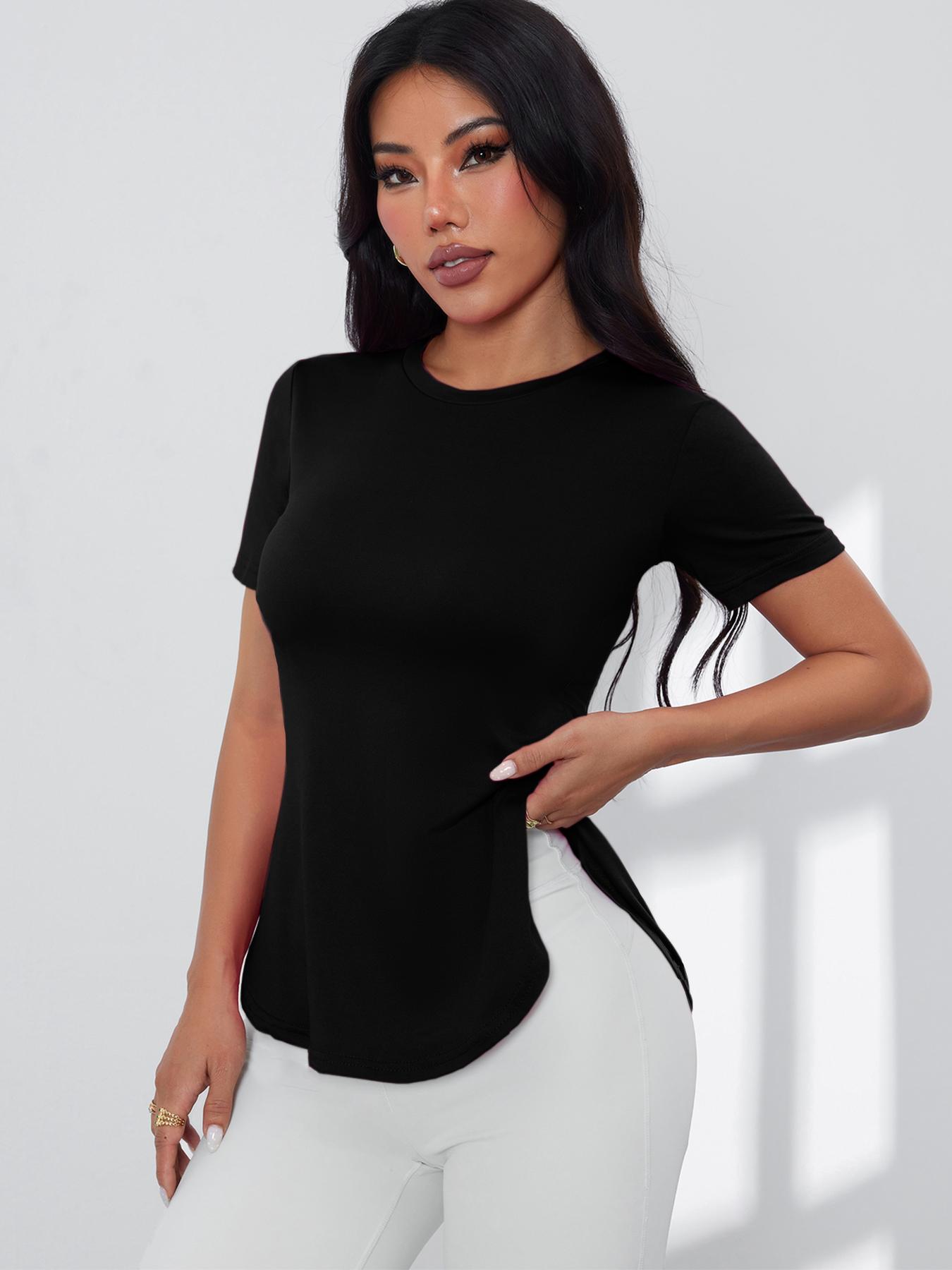 Women's High Stretch Solid Color T-Shirt, Short Sleeve Round Neck Top Fitness Running Tops for Outdoor, Training, Running and Everyday Wear