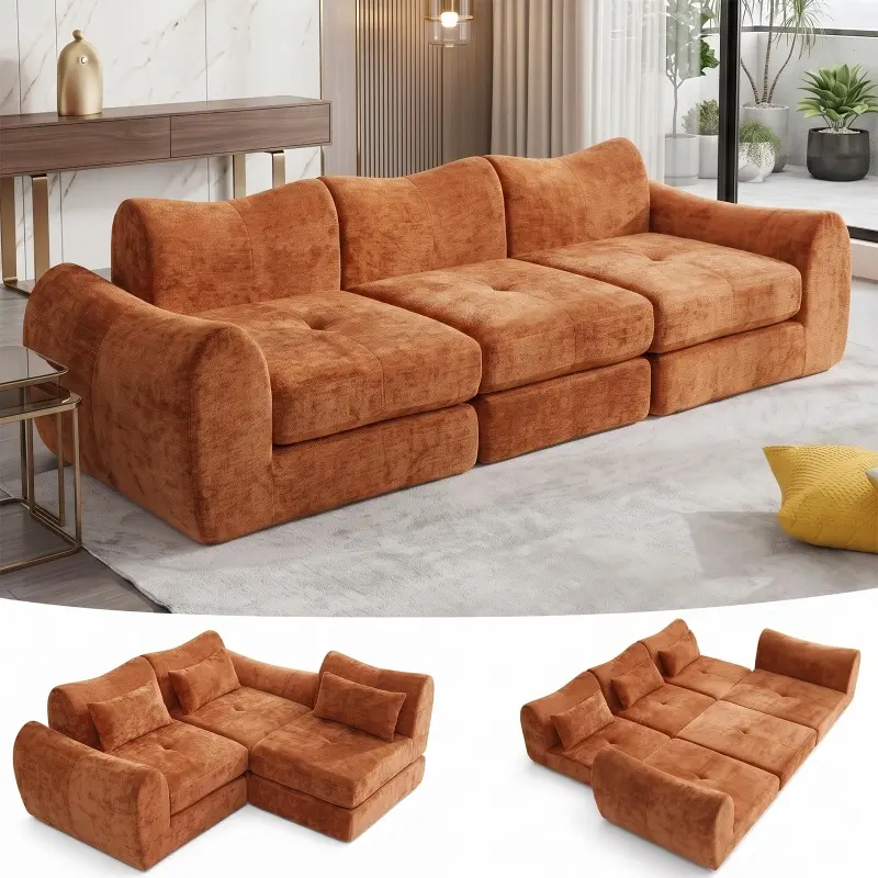 102" Modern Corduroy Modular Sectional Boneless Couch - 3-4 People Convertible Pull-Out Cloud Sofa Bed, Tool-Free Assembly Upholstered Deep Seat Lounger for Living Room (Orange), Pull-Out Bed