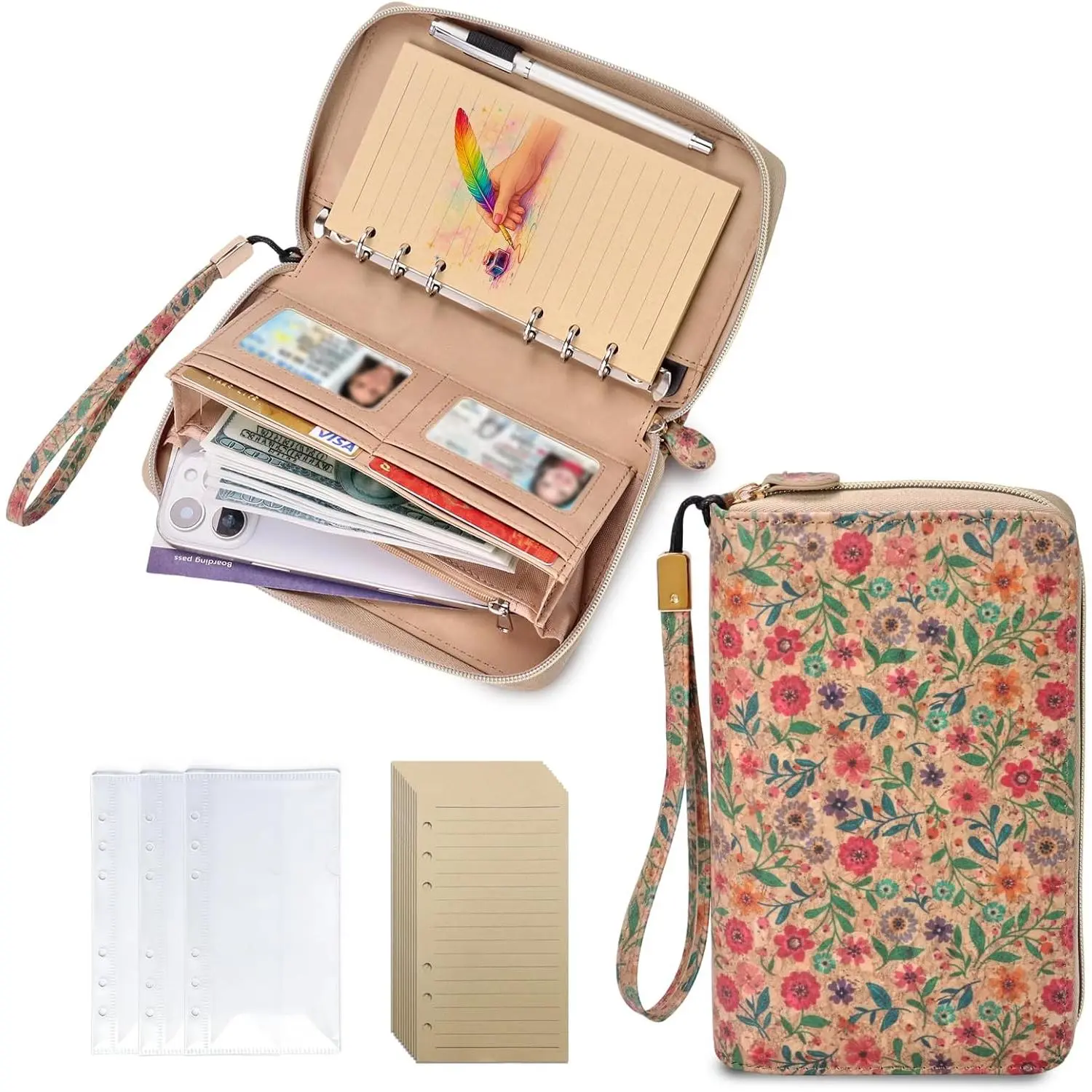 Wallet A6 Binder Budget Planner with Detachable 6 Rings, Zipper Planner Binder for Women, A6 Planner  Saving Binder, Refillable Organizer with Wrist Strap for Budgeting