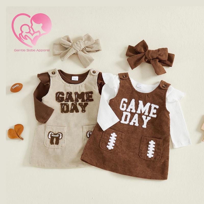 (95% Cotton) GBA Baby Girls Fall Outfit, Long Sleeve Romper with Embroidery Letters Overall Dress and Headband, Casual Baby Girls Set