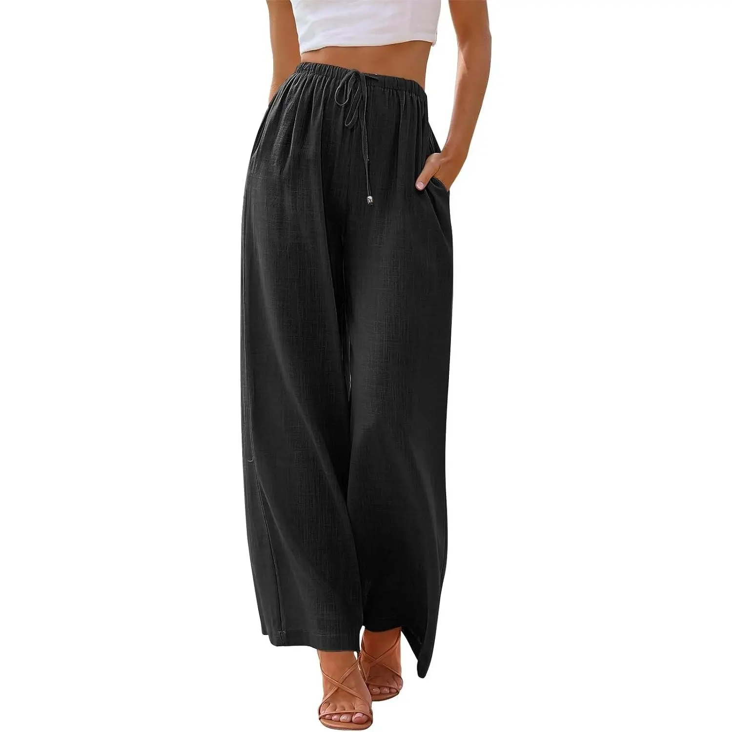 Women's Linen Summer Beach Vacation Flowy Wide Leg Palazzo Pants | Trendy Cruise Resort Wear, High Waisted Boho Travel Trousers with Pockets, Spring Fashion, Petite Cute Clothes