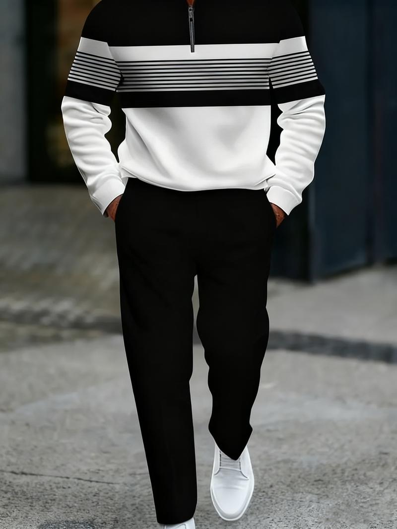 Men's Black and White Contrast Sports Suit Half-Zip Digital Print Top with Ankle Length Black Casual Pants Comfortable Fabric for Daily Commuting