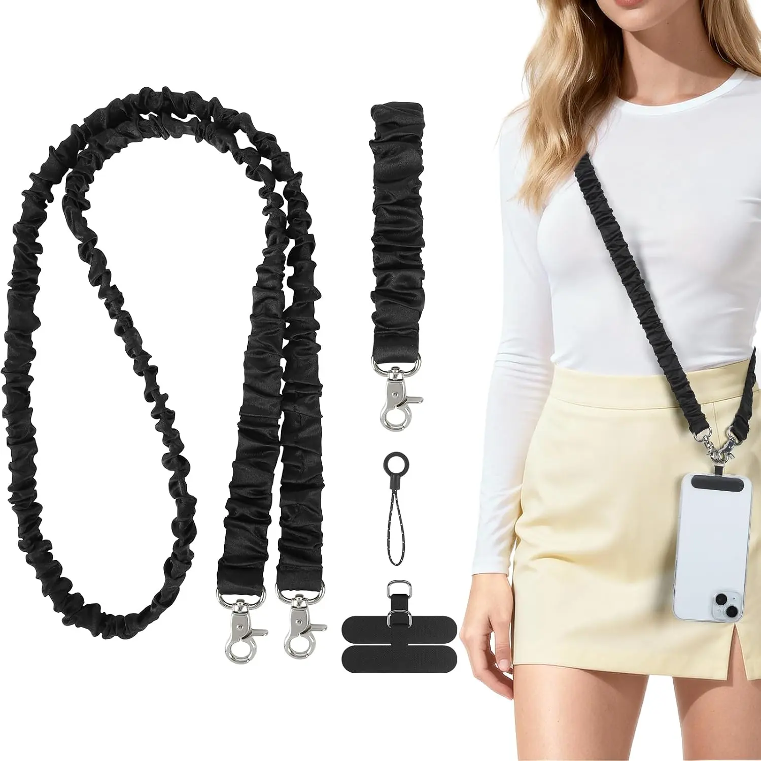 Scrunchie Phone Lanyard Crossbody, Black | Anti- Cell Phone  Teacher Lanyard with Wrist Strap for Women