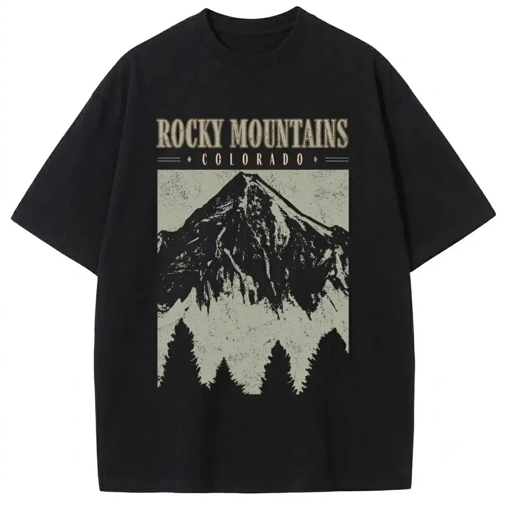 Unisex 100% Cotton Baggy Short-Sleeve Casual T-Shirt, "Rocky Mountains Colorado" Vintage Mountain Graphic, Sporty Chic Outdoor Wear Streetwear Top, Fast US Shipping