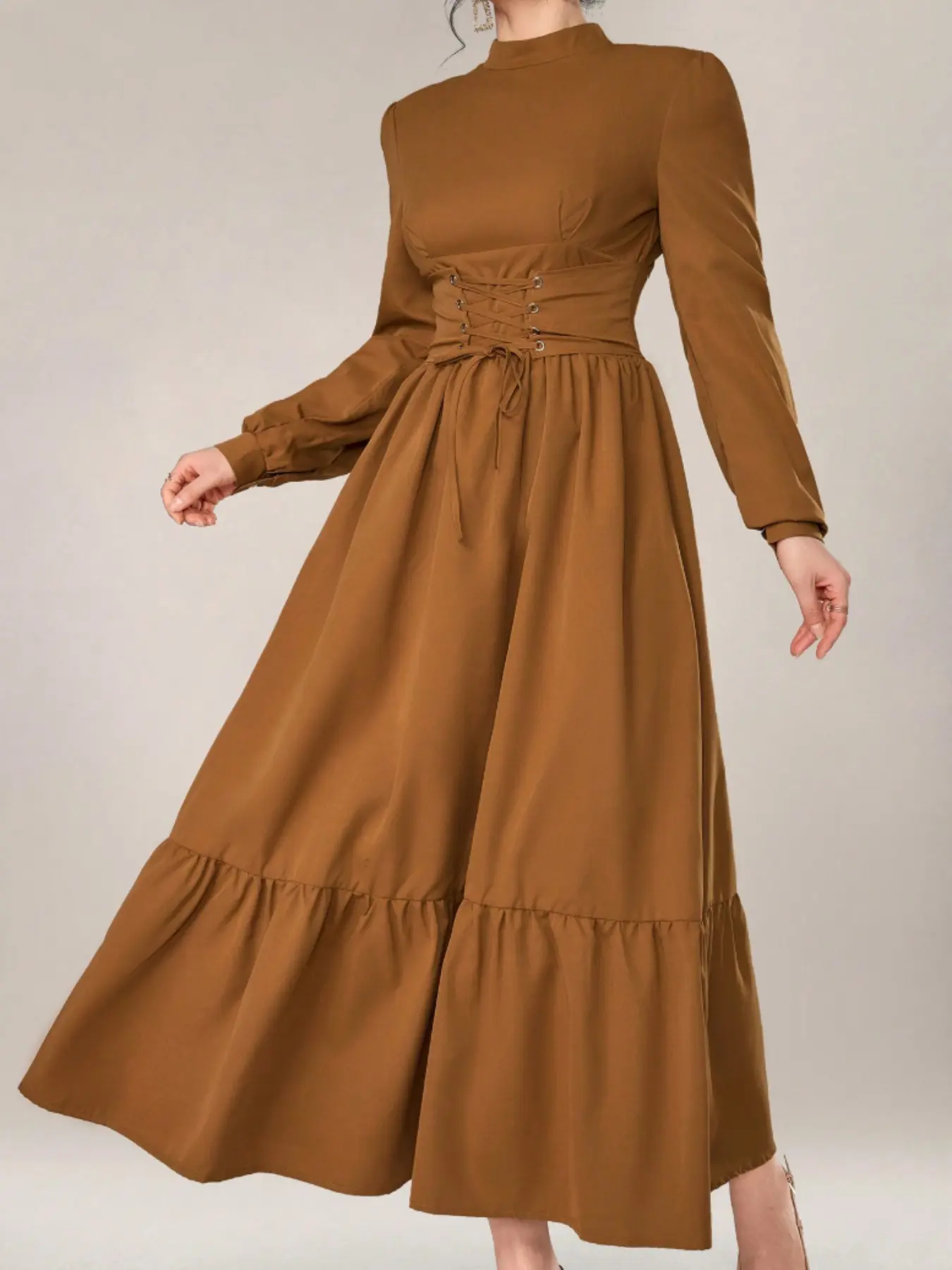 Women's Caramel Maxi Dress, Slim Waist a Line, Long Sleeve Mock Neck, Lace Up Corset, Flowy Tiered Hem, Elegant Vintage Chic