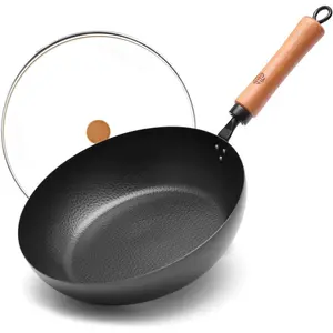 11 Inch Carbon Steel Skillet with Lid-Flat Bottom Frying Pan for Searing & Browning,Nitrided Iron Saute Pan with Removable Handle-Induction Compatible (No Coating,Cooks Crispier&Juicier)