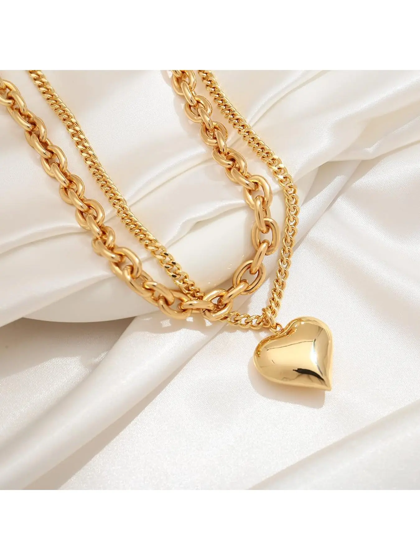 Gold Layered Necklace Set For Women Puffy Heart Pendant Chunky Chain Y2K Trendy Fashion Jewelry Gift