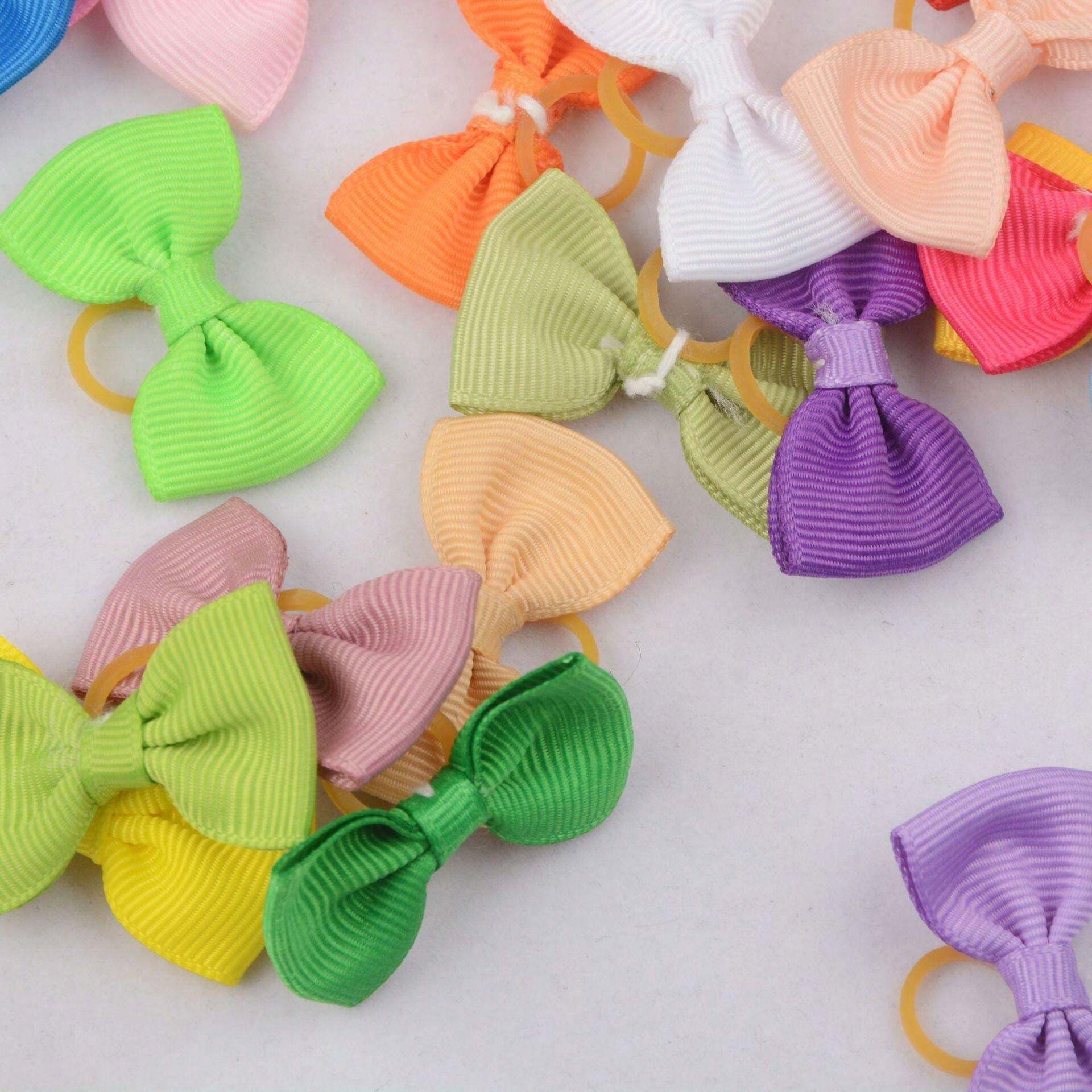 30pcs Puppy Yorkie Dog Hair Bow Pure Ribbon With Rubber Band 40mm Pet Grooming Products Mix Colors Varies Patterns Pet Hair Bows (Pure Ribbon Rubber Bow)