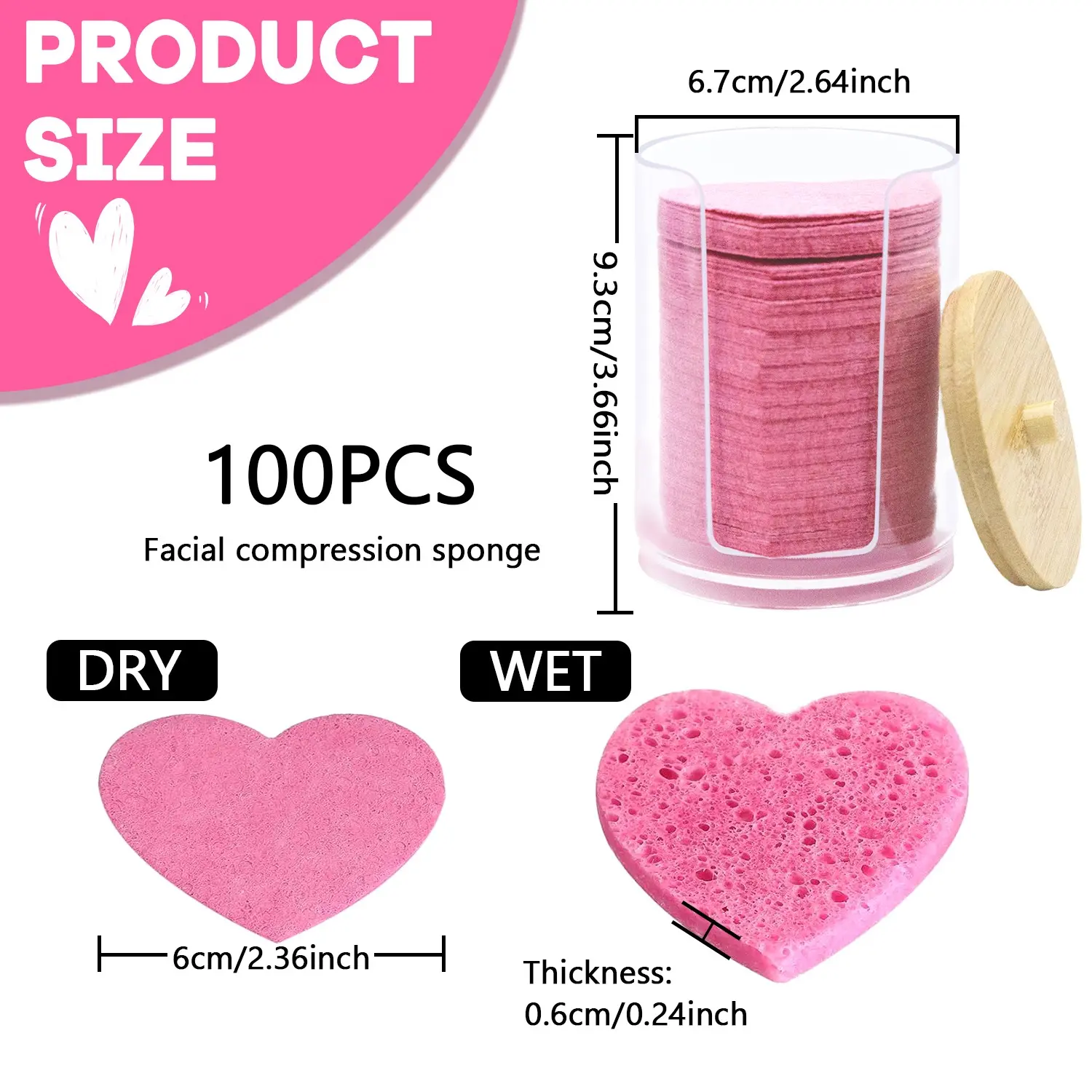 100pcs Heart-Shaped Compressed Facial Sponges with Storage Container, Natural Fiber Disposable Sponges for Cleansing, Exfoliating, Makeup Removal