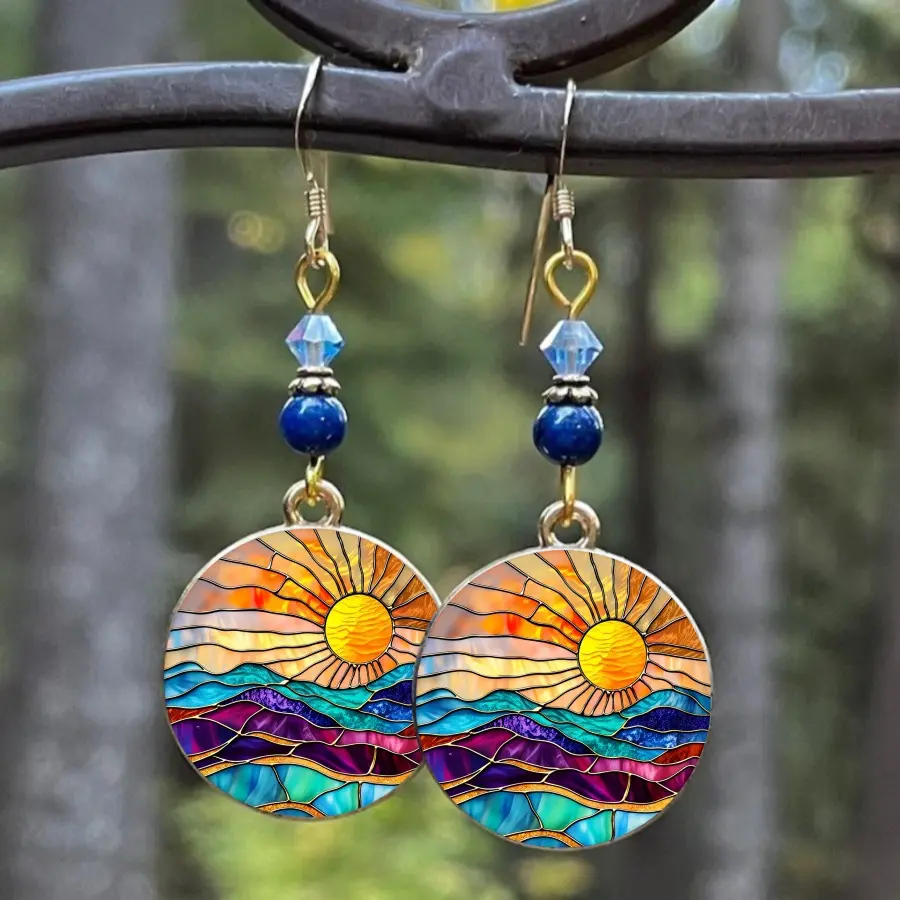 Vintage Stained Glass Sunrise Mountain Gradient Contrast Stud Earrings, European American All-Match Fashion Ear Jewelry for Women