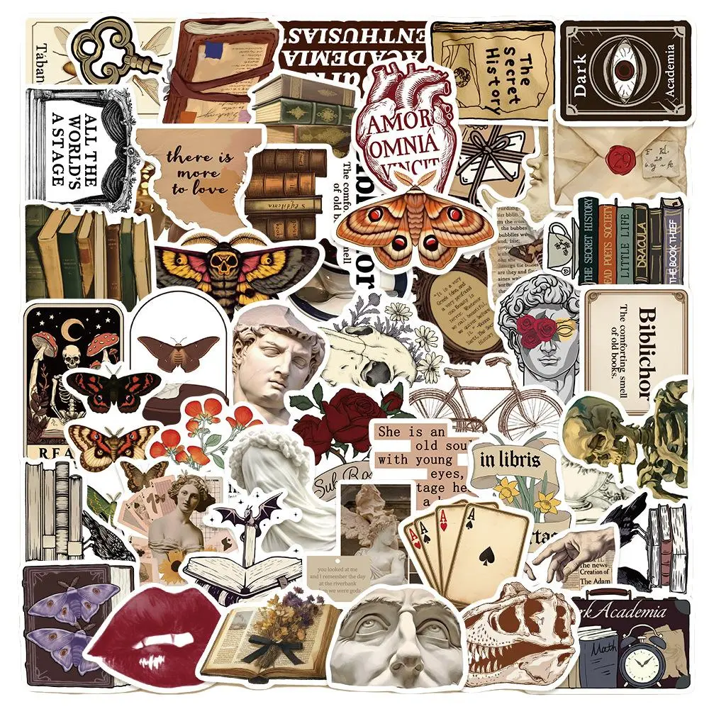 50pcs Vintage Dark Academia Stickers, Adhesive Decals, Office Stickers for Scrapbooks, Diaries, Laptops, Water Bottles, Cars, Positive Message Gifts