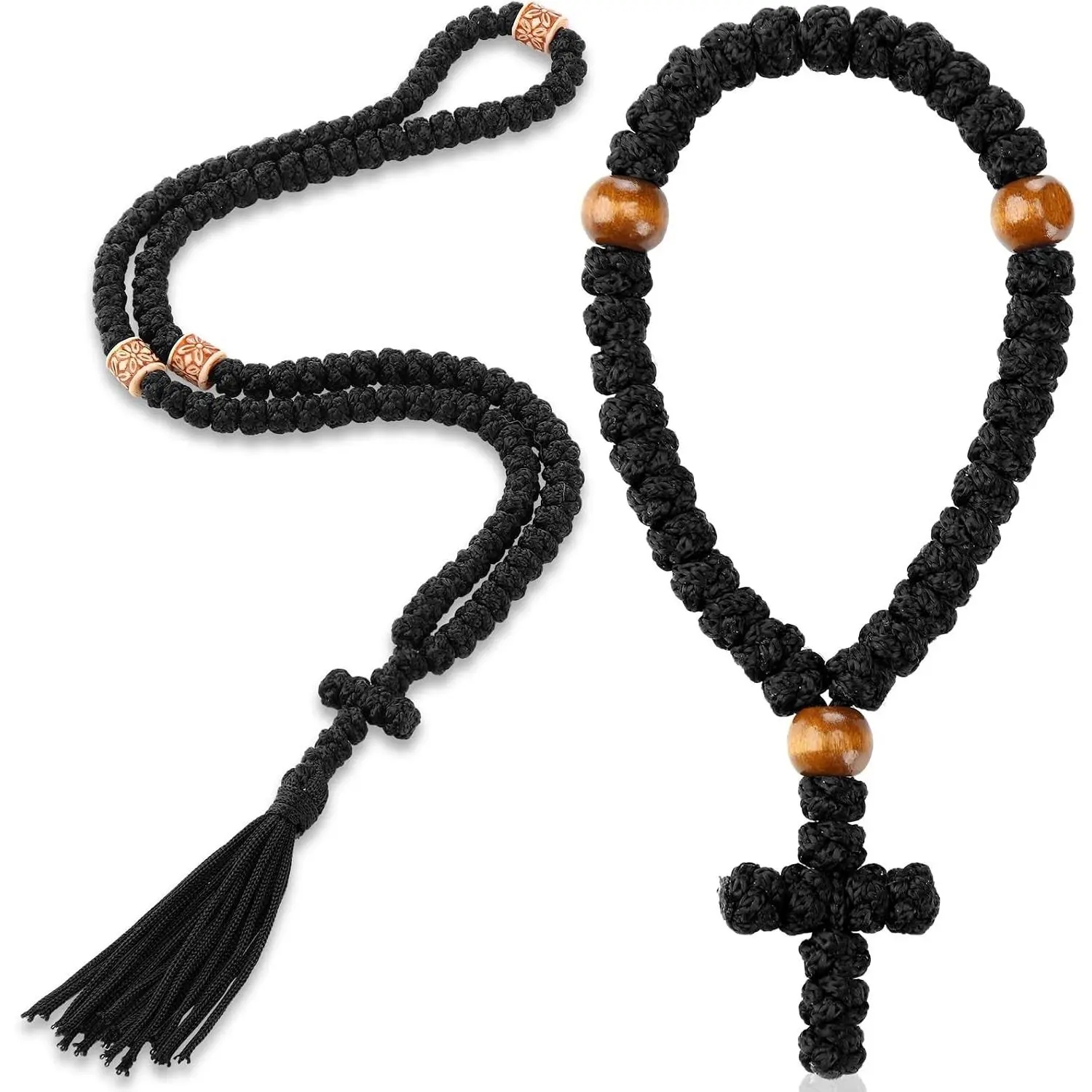 2 Pcs Orthodox Prayer Rope 100 Knot Christian Chotki Prayer Rope 33 Knot Handmade Bracelet Greek Komboskini for Protection Blessing Gifts Car Hanging Charm Home Ornament(Black,Stylish Style)