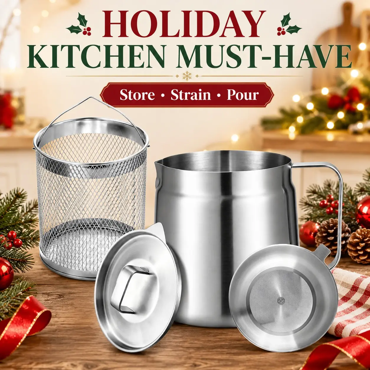68oz Stainless Steel Oil Filter Pot with Basket, Keep & Reuse Cooking Oil Easily, Large Grease Container for Frying, Bacon Fat & Kitchen Storage