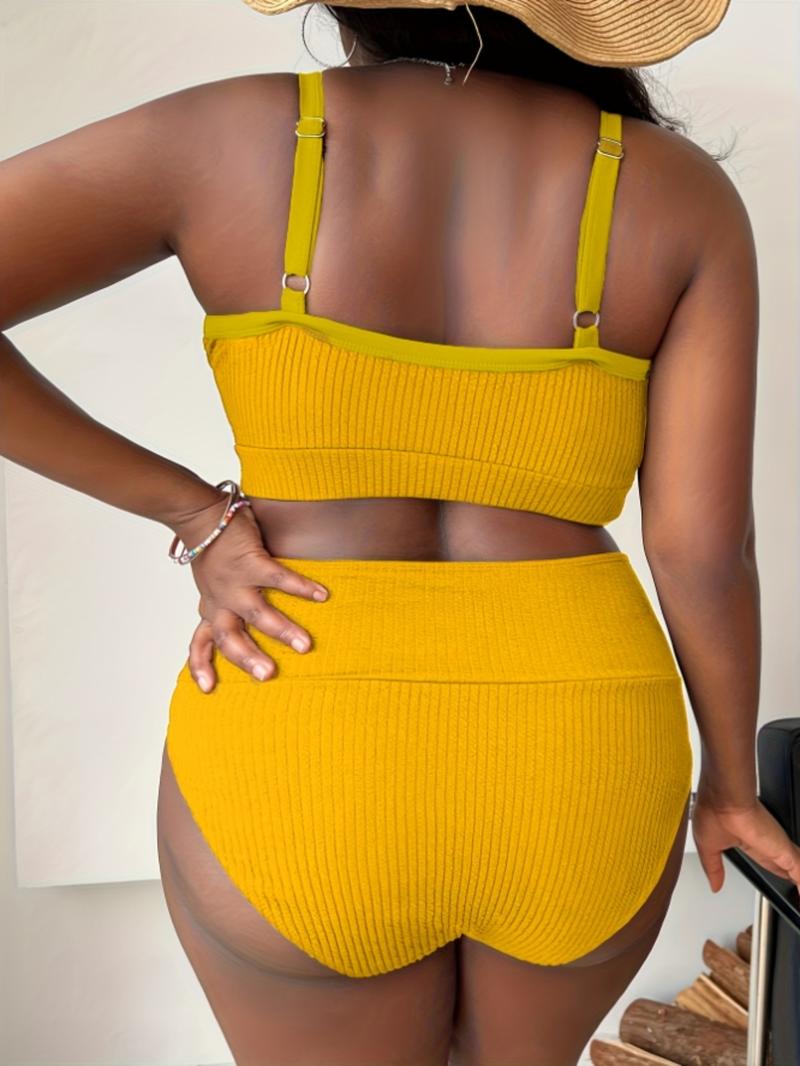 Plus Size Two-Piece Set Criss Cross Crop Cami Top & High Waist Panty Ribbed Tankini Set, Casual Adjustable Strap Swim Top & Swim Bottom, Women's Summer Swimsuit, Tankini Bottoms Set