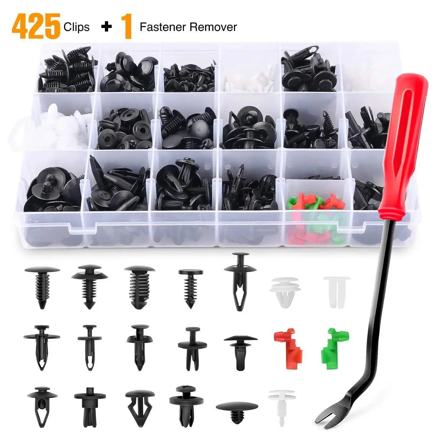 Nilight 425-Piece Automotive Push-Type Nylon Plastic Bumper Retainer Clips Kit with Bonus Fastener Remover, Assorted 6mm-10mm Sizes, Multi-Car Fit for GM, 2001 MR2 Spyder, 06 350Z, Engine Cover & DIY Projects