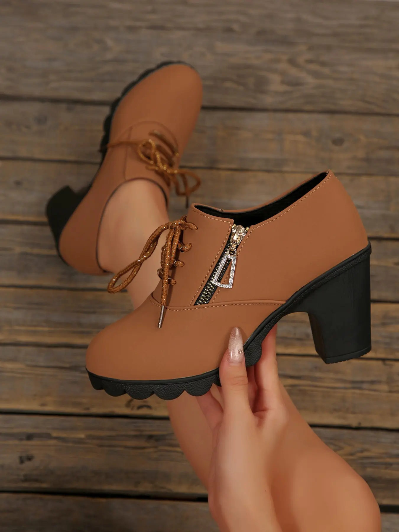 Women's Two-Tone Round Toe Chunky Heel Shoes, Stylish Sparkling Rhinestones Side Zipper, Anti-Slip Wave Sole, Spring & Fall Fashion Footwear