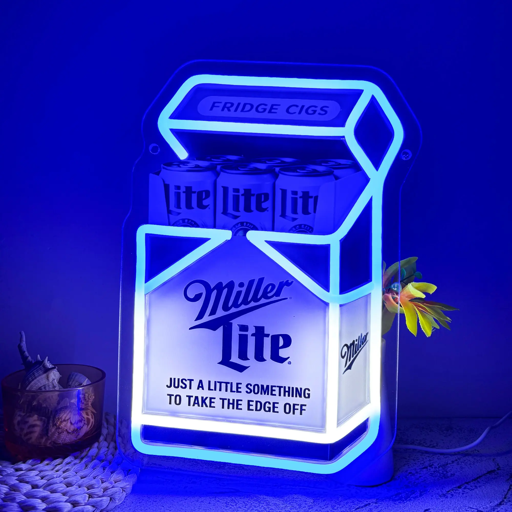 Dimmable LED neon light shaped like a cigarette pack, featuring a beer/beverage can theme; comes with a USB power cable and is suitable for decorating bars or home party bars