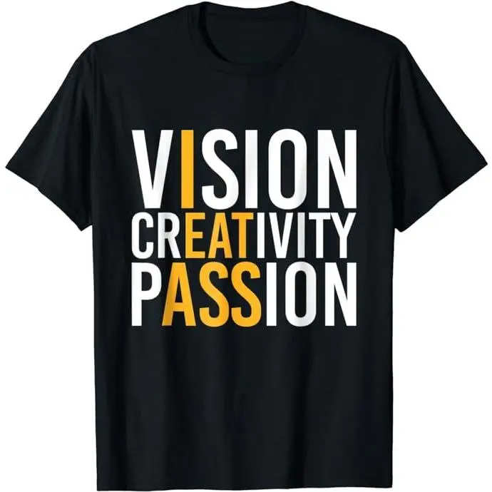 Men's Vision Creativity Passion T-Shirt, Casual Text Print Crew Neck Top in Smooth Fabric, All Seasons Streetwear with Unisex Fit, Cotton, Hand Wash Only, Short