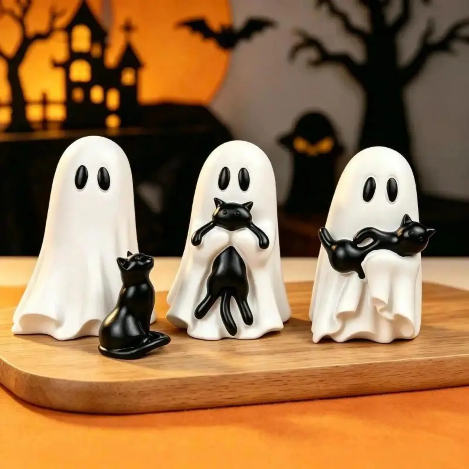 Multi Size Resin Spooky Ghost Cat Figurines, Vertical & Horizontal Tabletop Halloween Ornaments, Cute Spooky Desktop Statue Set, Versatile Seasonal Shelf Table Party Decor For Fall Home Display tiktokshopbacktoschool