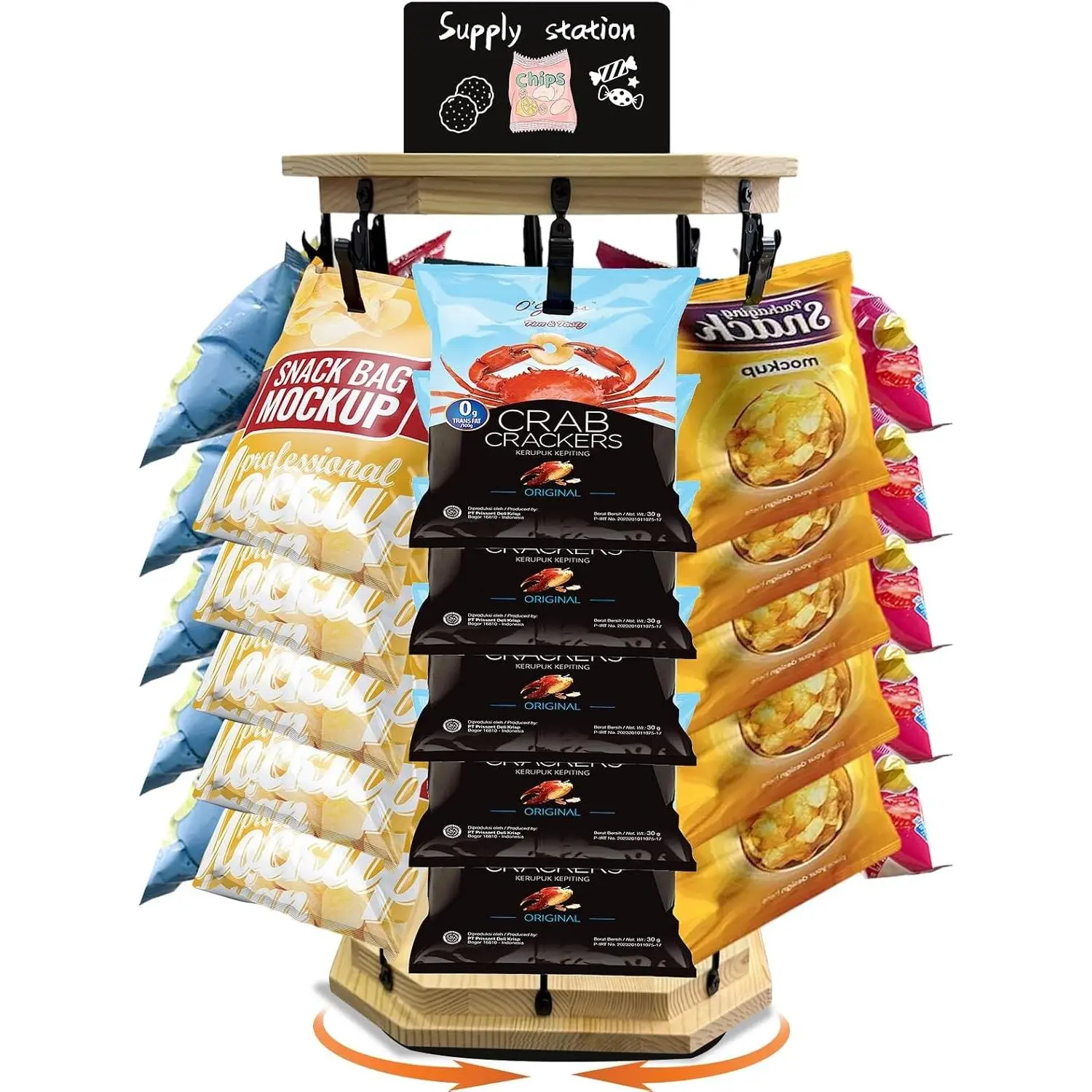 5-Tier 40-Clip Chip Rack Display Stand – 360° Rotating Snack Organizer with Wooden Base, Chip Holder & Candy Display for Countertop, Pantry, Office, Party or Concession Stand, Includes Message Board